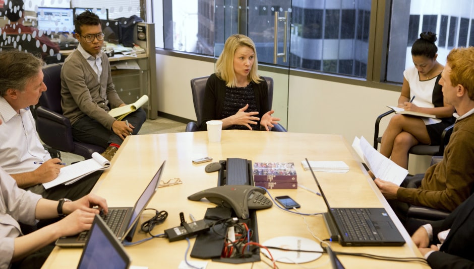 Marissa Mayer (C), President and CEO of Yahoo, answers questions during the Reuters Global Technology Summit in the Thomson Reuters offices in San Francisco, California, June 20, 2013. REUTERS/Beck Diefenbach (UNITED STATES - Tags: BUSINESS SCIENCE TECHNOLOGY) - RTX10V8R