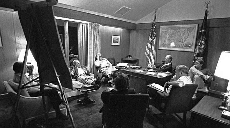 Photo taken in the White House of Chief of Staff Dick Cheney and his strategic team during a campaign strategy session