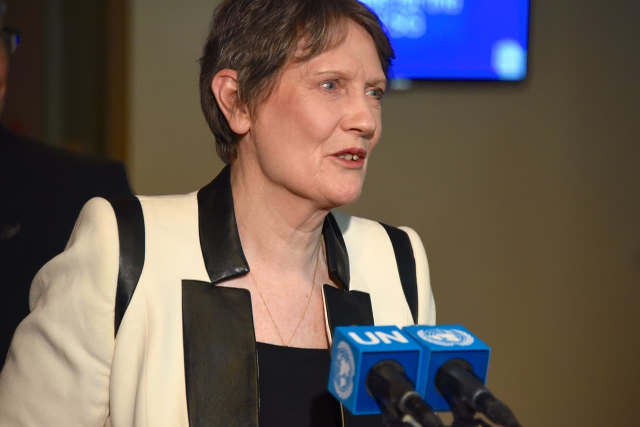Helen Clark answering question from the Press after presenting her Vision Statement April 15 at the UN