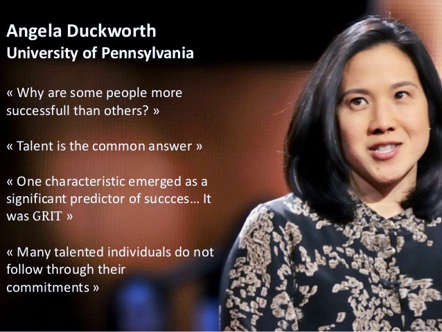 Photo of Angela Duckworth with quotes on grit by her written on the image.