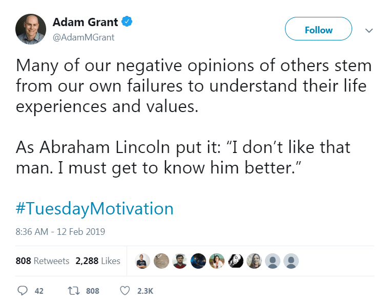 Adam Grant quoting Abraham Lincoln on Twitter