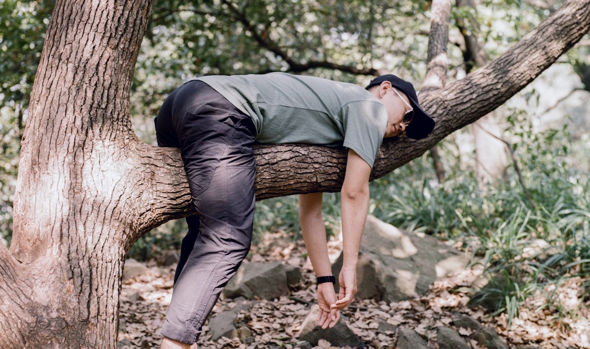 Man being lazy laying on a tree
