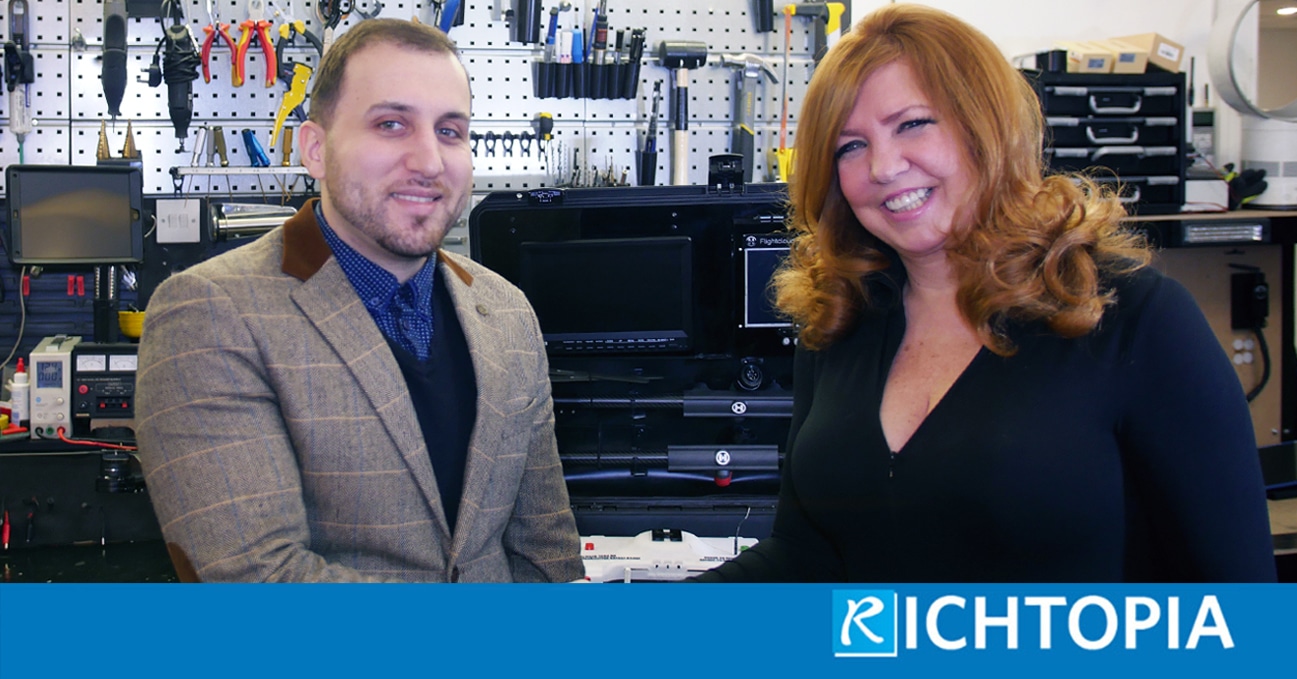 Photo of Derin Cag [Left] with Pippa Malmgren [Right] shaking hands at the H-Robotics HQ in London, UK. Photo taken by Richtopia in March 2018.