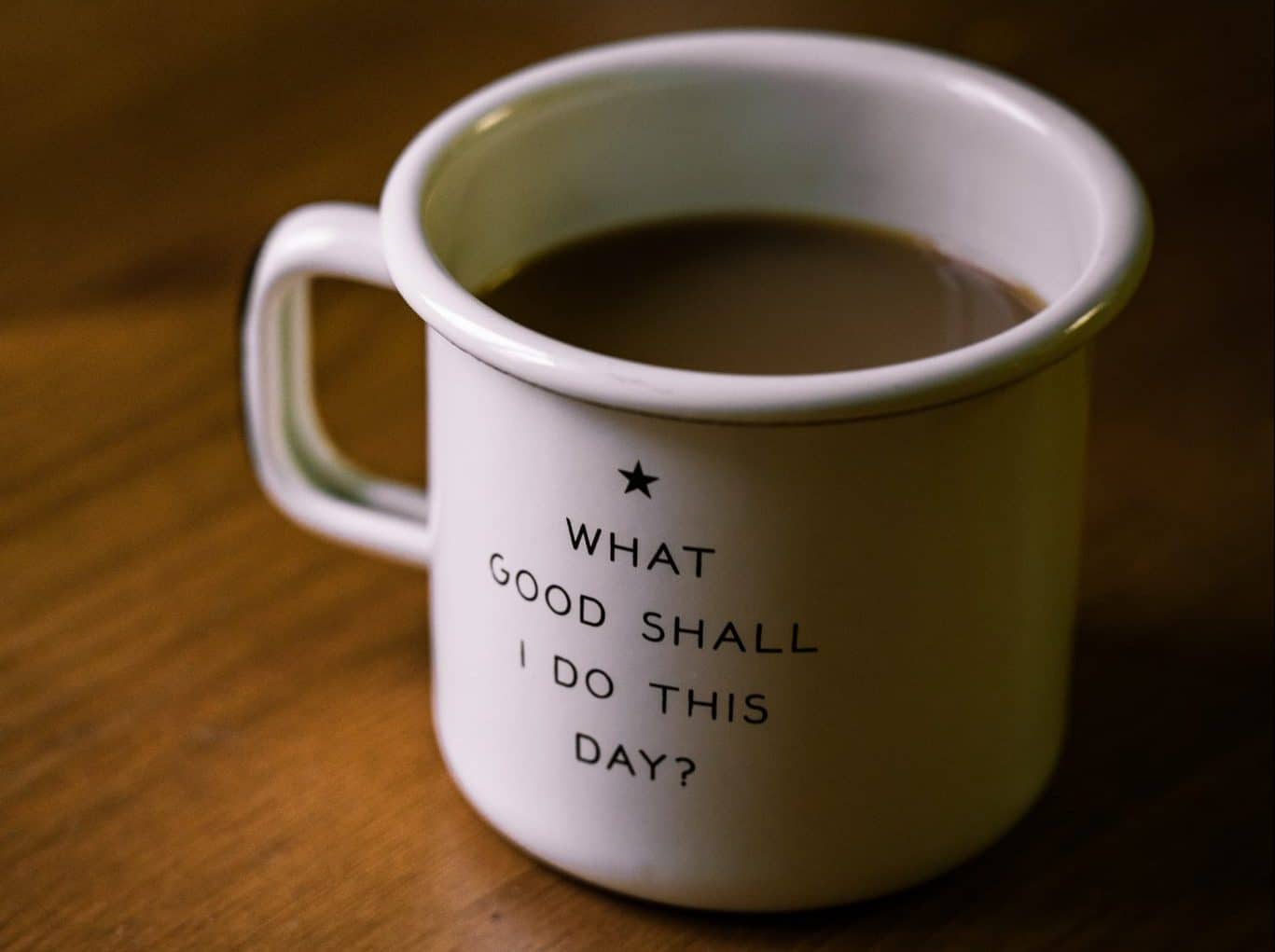 A coffee mug that writes "what good shal I do this day?", sitting on a table