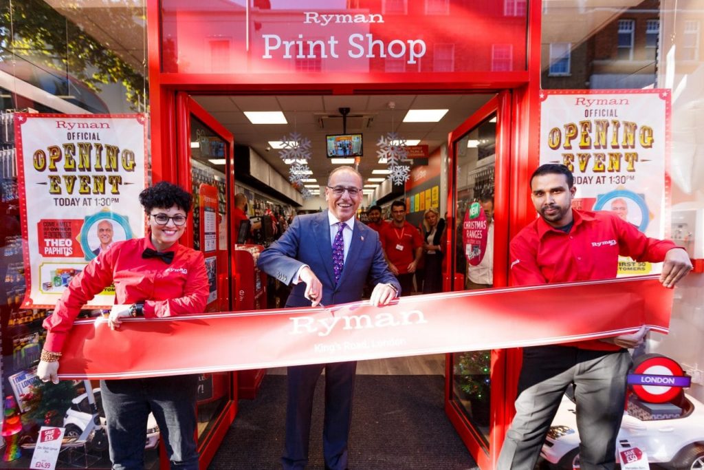 Photo of Theo Paphitis opening a new Rymans shop on King's Road, London, November 2018