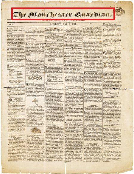 This is a copy of the front page of the first edition of the Guardian, published on May 5 1821