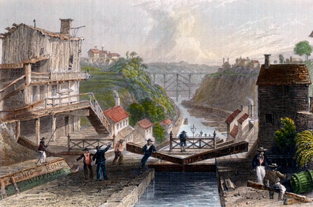 Painting of the Erie Canal being built in the USA