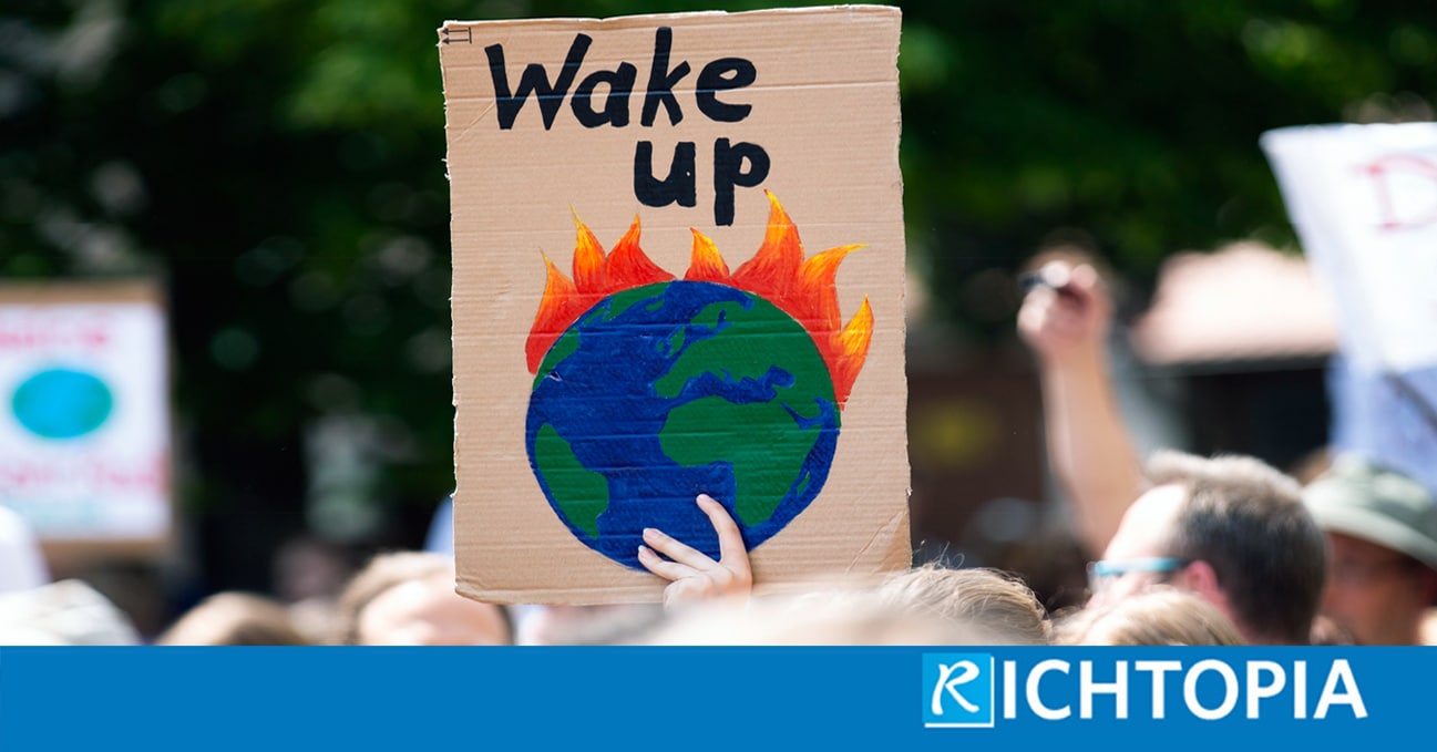 Photos of protestors demonstrating for climate action and sustainability. Article about public and private partnerships.