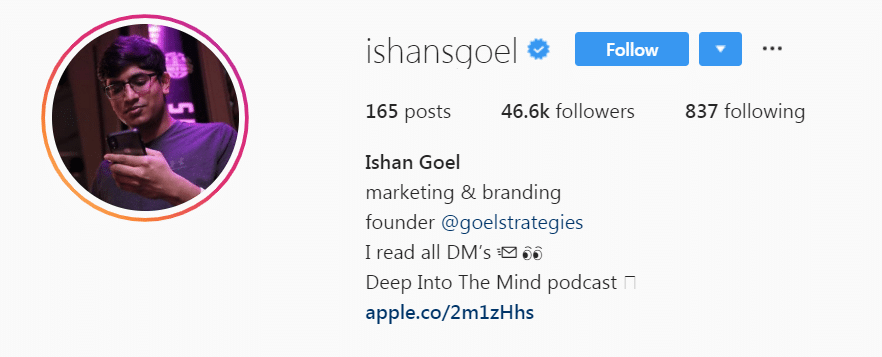 Ishan Goel (Instagram Profile: September 2019)
