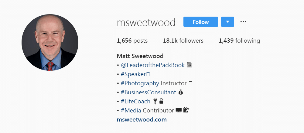 Matt Sweetwood (Instagram Profile: September 2019)