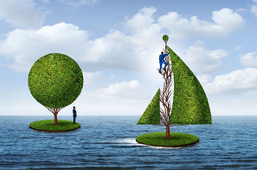 Smart business planning for the future as a person sailing away to success with a tree sail and another man standing still on an island with 3D render elements