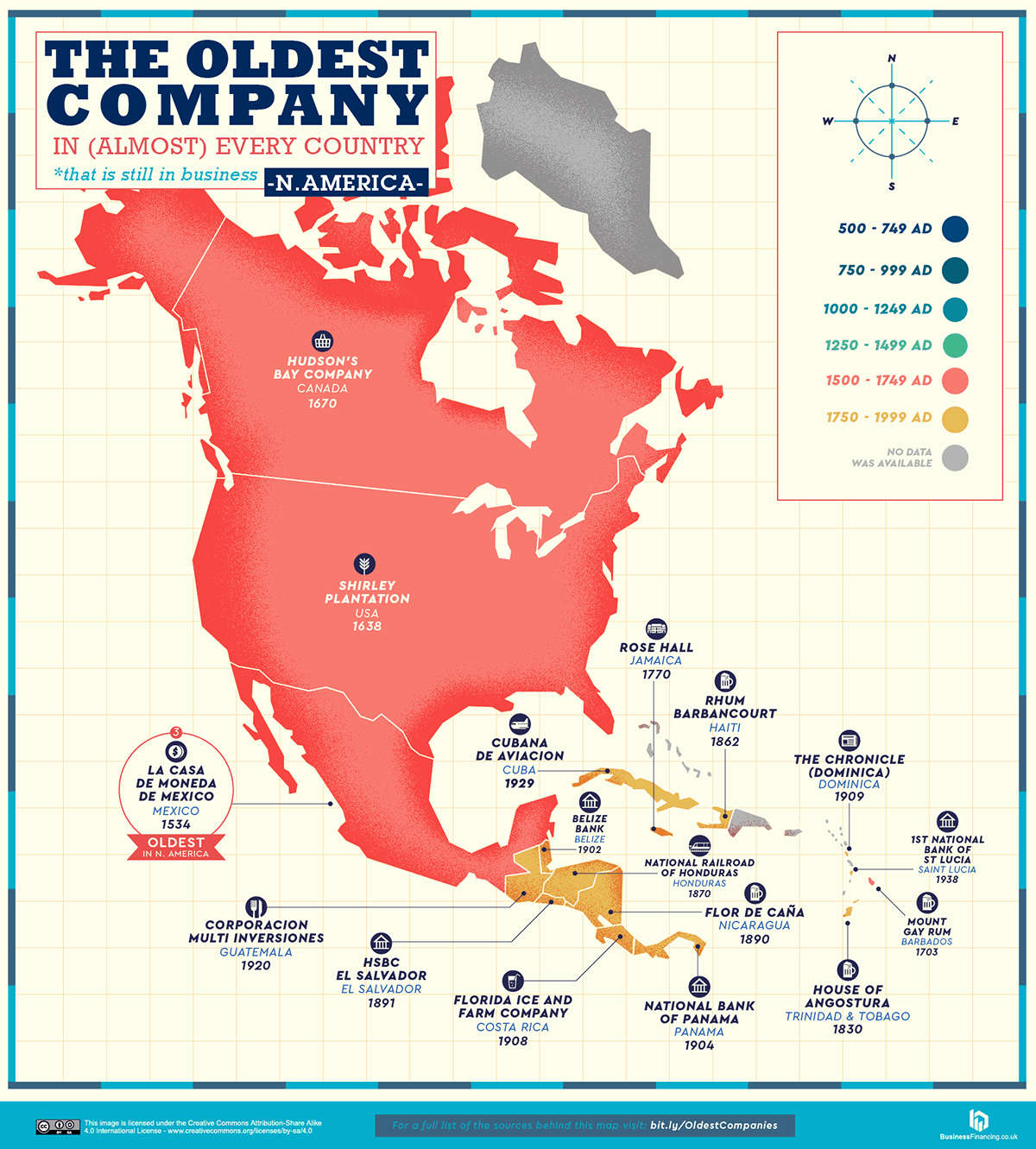 Map of the oldest companies in North America