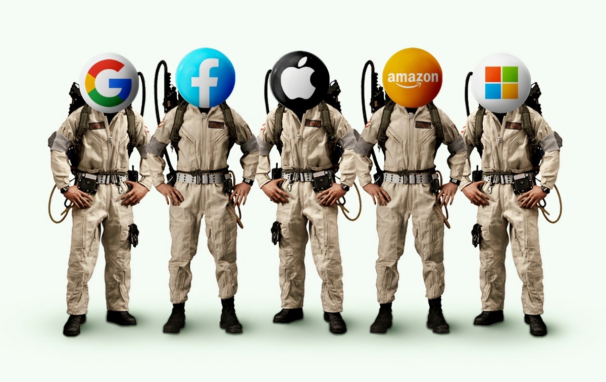 Photos of people in spacesuits with iconised heads of the five big American tech companies Google, Facebook, Apple, Amazon, and Microsoft.