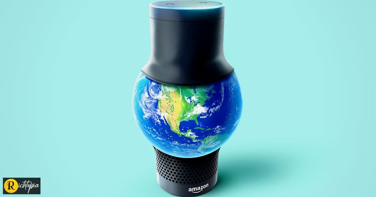 Photo of an Amazon Alexa device, with a world globe squashed in between the middle.