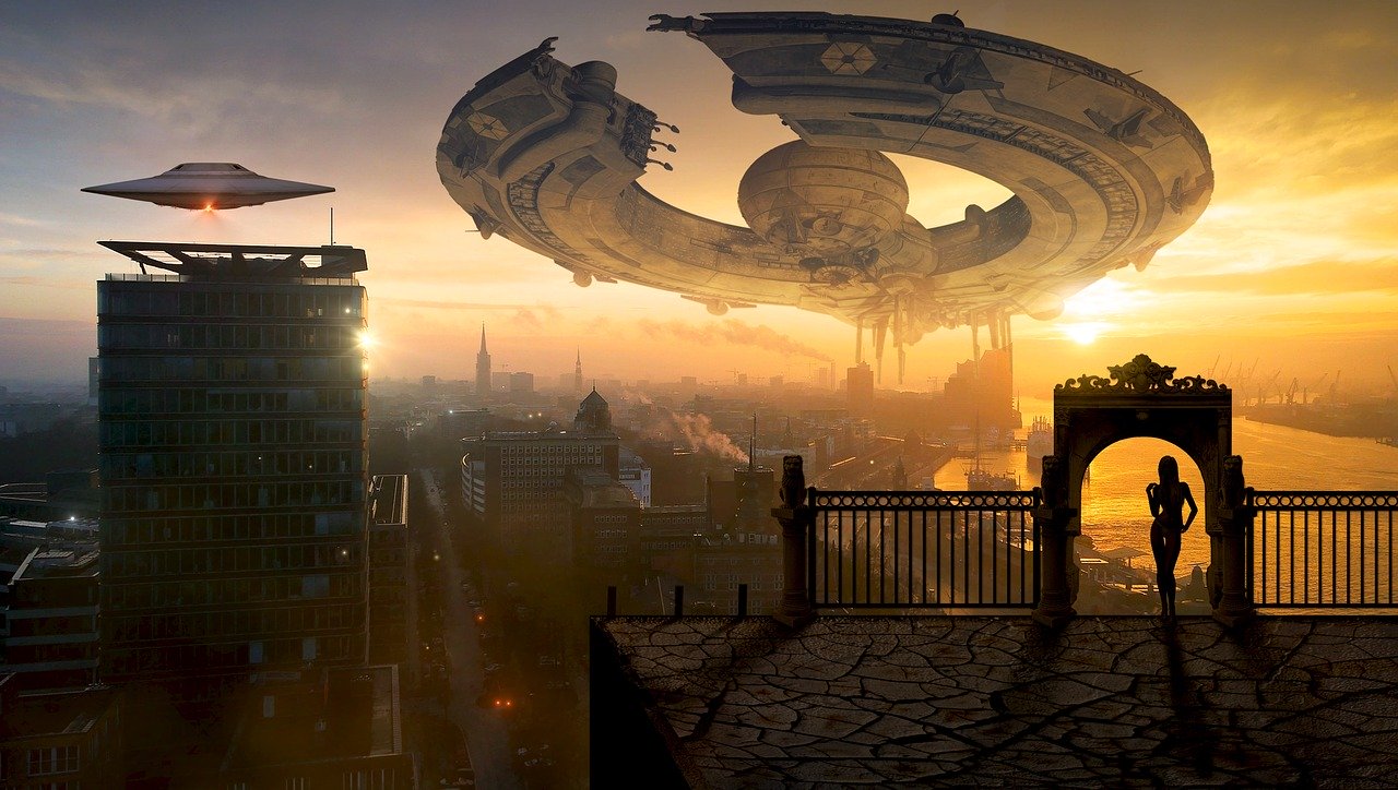 Futuristic spaceships over city