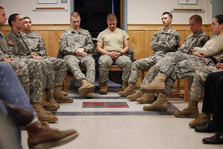 Photo of soldiers meditating using Bob Roth's teachings
