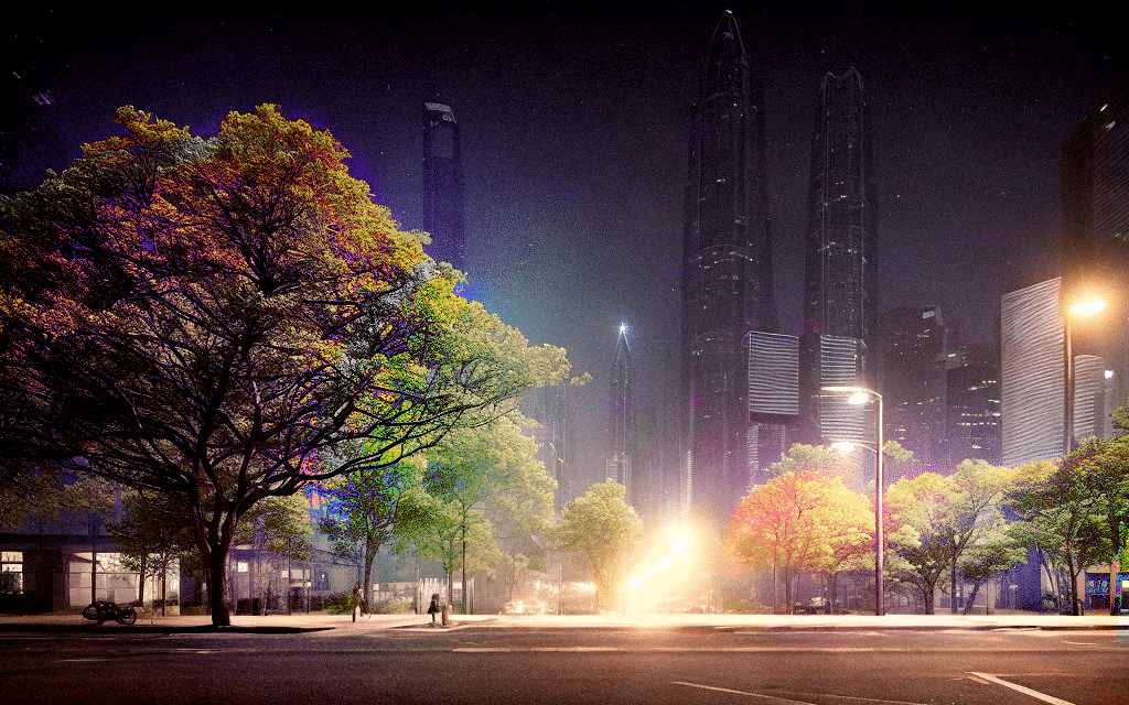 futuristic city with luminescent trees